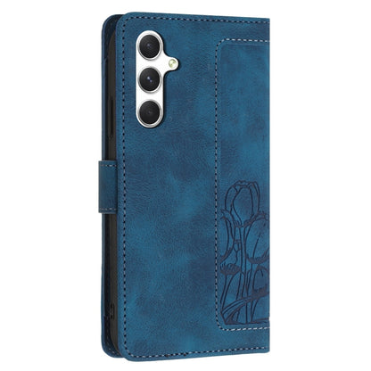 For Samsung Galaxy S25 5G Tulips Embossed Leather Phone Case with Lanyard(Blue) - Galaxy S25 5G Cases by buy2fix | Online Shopping UK | buy2fix