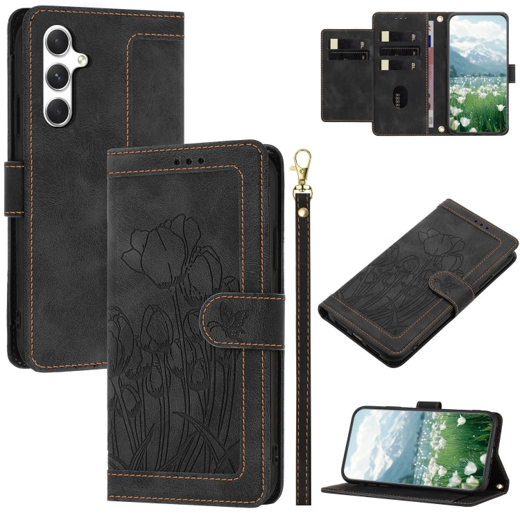 For Samsung Galaxy S25 5G Tulips Embossed Leather Phone Case with Lanyard(Black) - Galaxy S25 5G Cases by buy2fix | Online Shopping UK | buy2fix