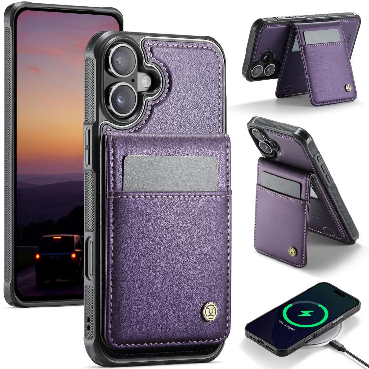 For iPhone 16 Plus JEEHOOD J06 British Style RFID MagSafe Card Bag PU Phone Case(Purple) - iPhone 16 Plus Cases by JEEHOOD | Online Shopping UK | buy2fix