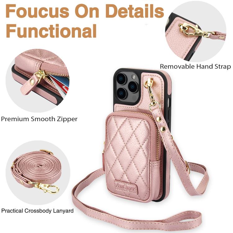 For iPhone 16 Pro Max AwQuer Crossbody Zipper Wallet Bag Litchi Leather Phone Case(Rose Gold) - iPhone 16 Pro Max Cases by Awquer | Online Shopping UK | buy2fix