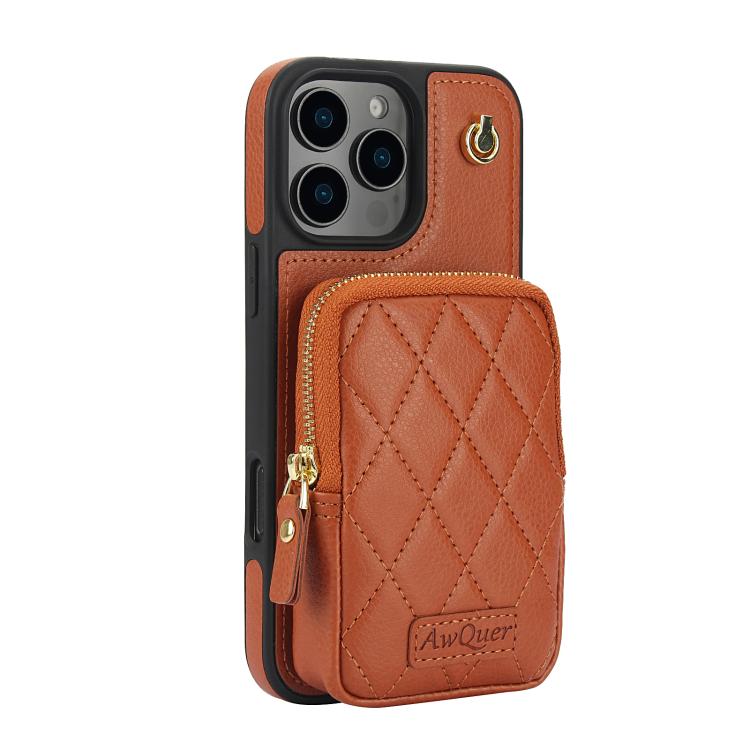 For iPhone 16 Pro Max AwQuer Crossbody Zipper Wallet Bag Litchi Leather Phone Case(Brown) - iPhone 16 Pro Max Cases by Awquer | Online Shopping UK | buy2fix