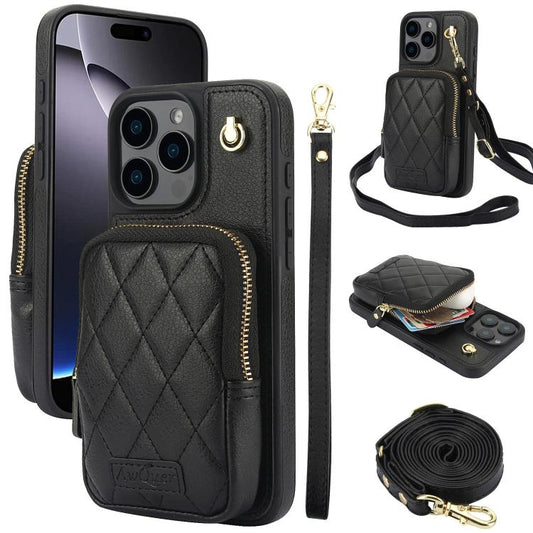 For iPhone 16 Pro AwQuer Crossbody Zipper Wallet Bag Litchi Leather Phone Case(Black) - iPhone 16 Pro Cases by Awquer | Online Shopping UK | buy2fix