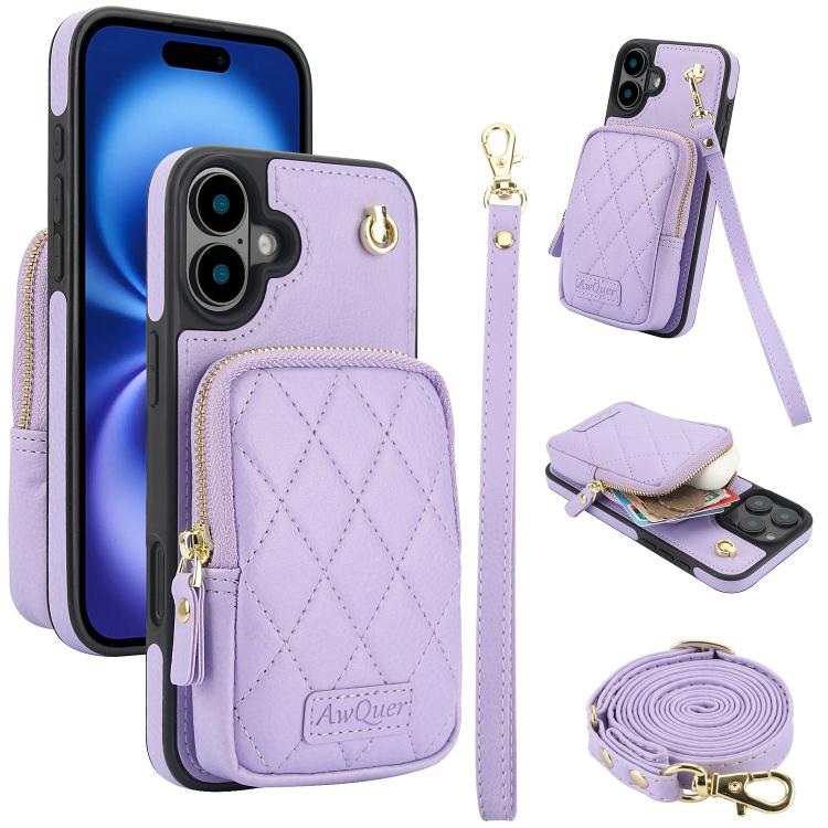 For iPhone 16 Plus AwQuer Crossbody Zipper Wallet Bag Litchi Leather Phone Case(Light Purple) - iPhone 16 Plus Cases by Awquer | Online Shopping UK | buy2fix