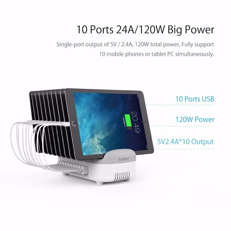 ORICO DUK-10P 120W 10 USB Ports Smart Charging Station with Phone & Tablet Stand, EU Plug(White) - Multifunction Charger by ORICO | Online Shopping UK | buy2fix