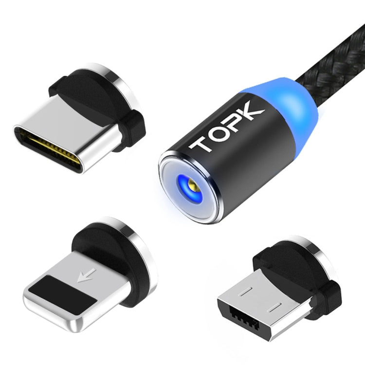 TOPK 1m 2.4A Max USB to 8 Pin + USB-C / Type-C + Micro USB Nylon Braided Magnetic Charging Cable with LED Indicator(Black) - Charging Cable & Head by TOPK | Online Shopping UK | buy2fix