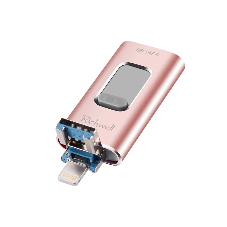 Richwell 3 in 1 128G Type-C + 8 Pin + USB 3.0 Metal Push-pull Flash Disk with OTG Function(Rose Gold) - U Disk & Card Reader by Richwell | Online Shopping UK | buy2fix