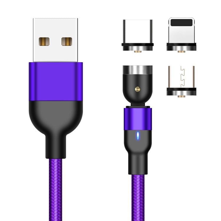 2m 2A Output 3 in 1 USB to 8 Pin + USB-C / Type-C + Micro USB Nylon Braided Rotate Magnetic Charging Cable (Purple) - Charging Cable & Head by buy2fix | Online Shopping UK | buy2fix