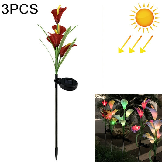 3PCS Simulated Calla Lily Flower 5 Heads Solar Powered Outdoor IP65 Waterproof LED Decorative Lawn Lamp, Colorful Light(Red) - Solar Lights by buy2fix | Online Shopping UK | buy2fix