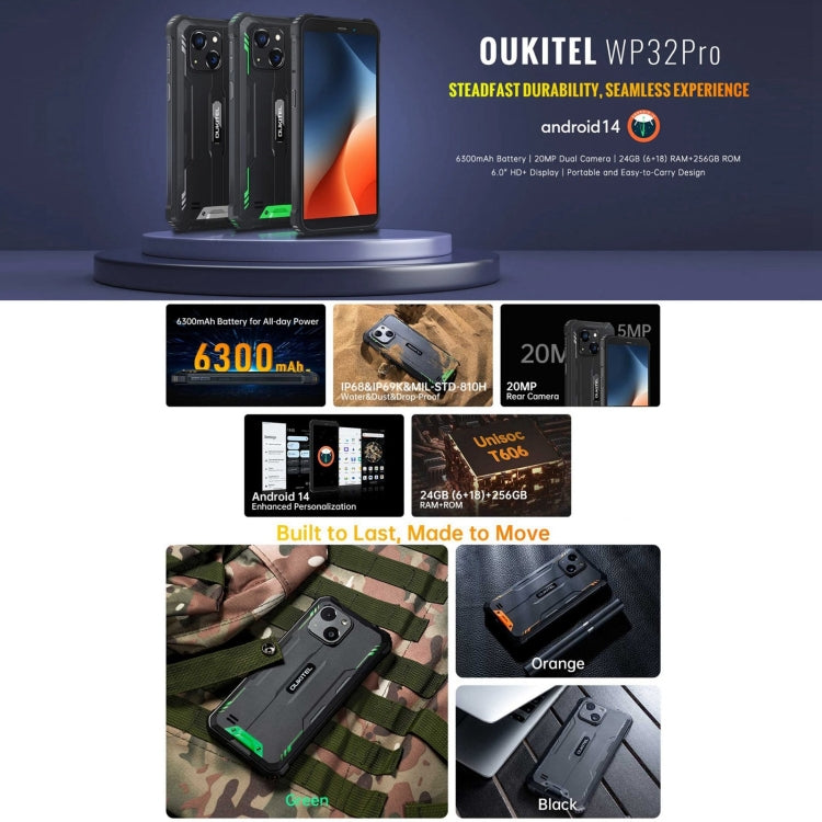 Oukitel WP32 Pro, 6GB+256GB, 6.0 inch Android 14 T606 Octa Core, OTG, Network: 4G (Black) - OUKITEL by OUKITEL | Online Shopping UK | buy2fix