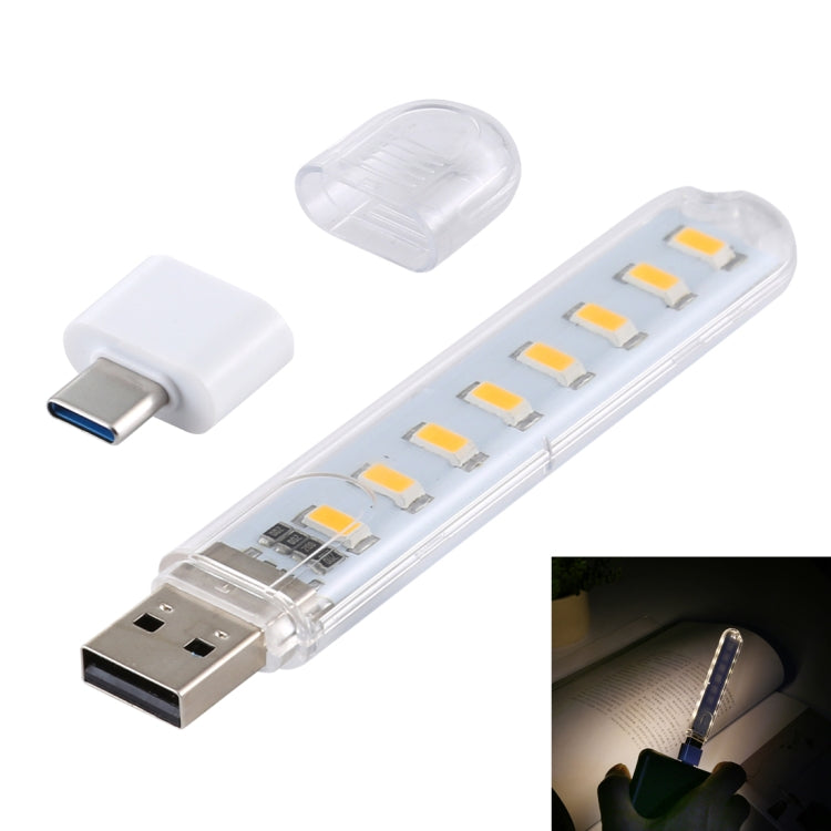 8LEDs 5V 200LM USB LED Book Light Portable Night Light, with Type-C Adapter(Warm White) - USB Light by buy2fix | Online Shopping UK | buy2fix