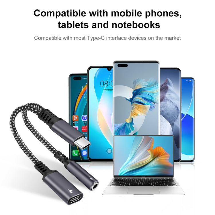 2 in 1 USB-C / Type-C Male to PD 60W USB-C / Type-C Charging + 3.5mm Audio Female Earphone Adapter (Grey) - Type-C Adapter by buy2fix | Online Shopping UK | buy2fix