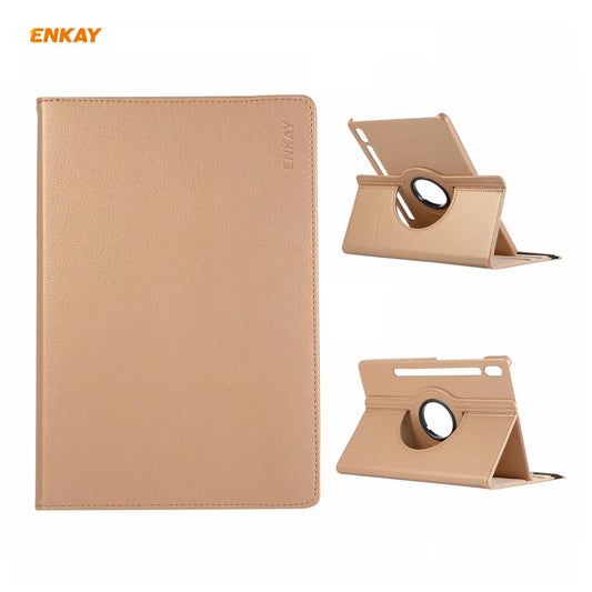 ENKAY for Samsung Galaxy Tab S8 / Galaxy Tab S7 11.0 T870 / T875 ENK-8012 360 Degree Rotation Litchi Texture Horizontal Flip PU Leather Smart Case with Holder & Sleep / Wake-up(Gold) - Galaxy Tab S8 Cases by ENKAY | Online Shopping UK | buy2fix