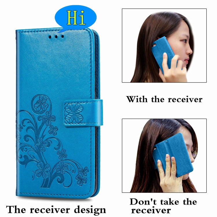 For Oppo A53 2020 Four-leaf Clasp Embossed Buckle Mobile Phone Protection Leather Case with Lanyard & Card Slot & Wallet & Bracket Function(Blue) - OPPO Cases by buy2fix | Online Shopping UK | buy2fix