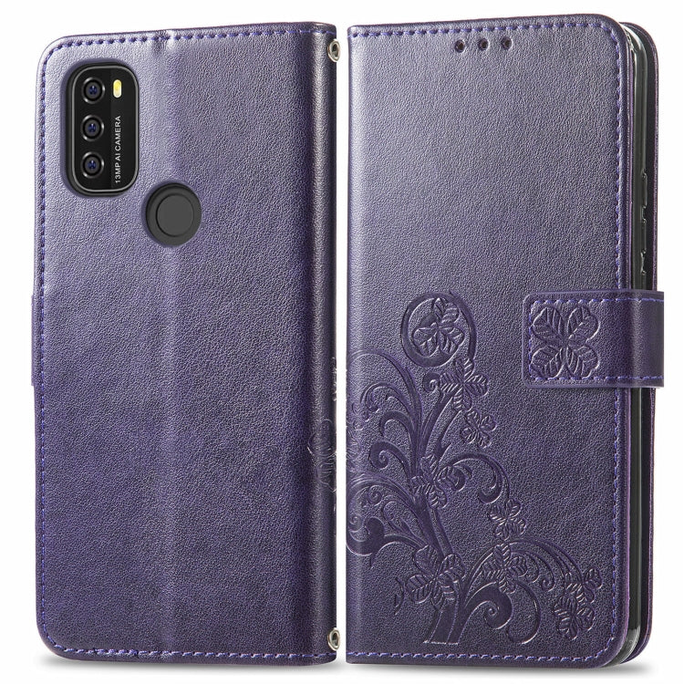 For Blackview A70 Four-leaf Clasp Embossed Buckle Mobile Phone Protection Leather Case with Lanyard & Card Slot & Wallet & Bracket Function(Purple) - More Brand by buy2fix | Online Shopping UK | buy2fix