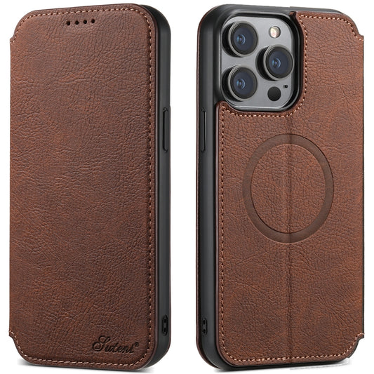 For iPhone 13 Suteni J06 Retro Matte Litchi Texture Leather Magnetic Magsafe Phone Case(Brown) - iPhone 13 Cases by Suteni | Online Shopping UK | buy2fix