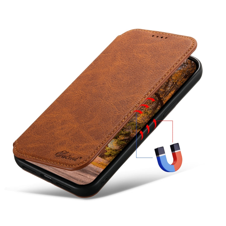 For iPhone 14 Plus Suteni J06 Retro Matte Litchi Texture Leather Magnetic Magsafe Phone Case(Khaki) - iPhone 14 Plus Cases by Suteni | Online Shopping UK | buy2fix