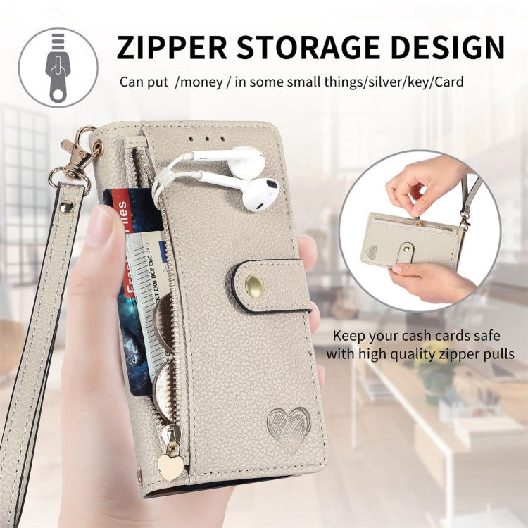 For iPhone 16 Love Zipper Lanyard Leather Phone Case(Gray) - iPhone 16 Cases by buy2fix | Online Shopping UK | buy2fix