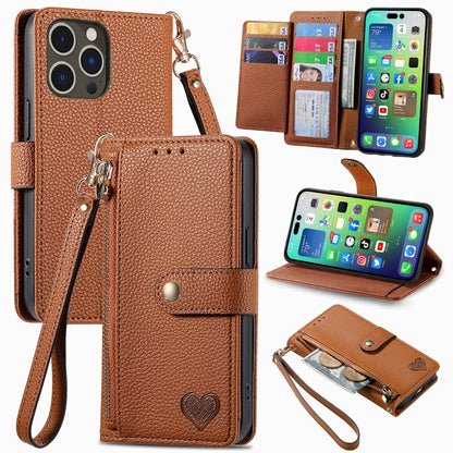 For iPhone 16 Pro Love Zipper Lanyard Leather Phone Case(Brown) - iPhone 16 Pro Cases by buy2fix | Online Shopping UK | buy2fix