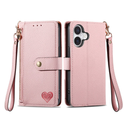 For iPhone 16 Pro Max Love Zipper Lanyard Leather Phone Case(Pink) - iPhone 16 Pro Max Cases by buy2fix | Online Shopping UK | buy2fix