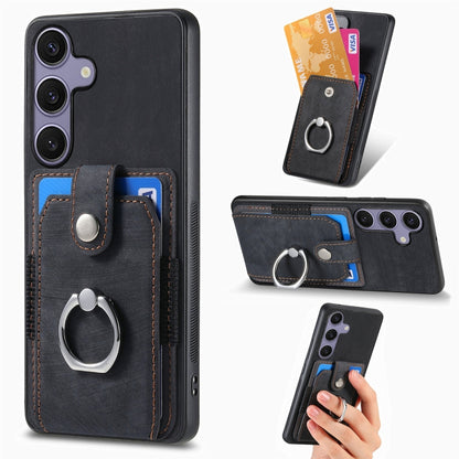 For Samsung Galaxy S25 Ultra 5G Retro Skin-feel Ring Card Wallet Phone Case(Black) - Galaxy S25 Ultra 5G Cases by buy2fix | Online Shopping UK | buy2fix