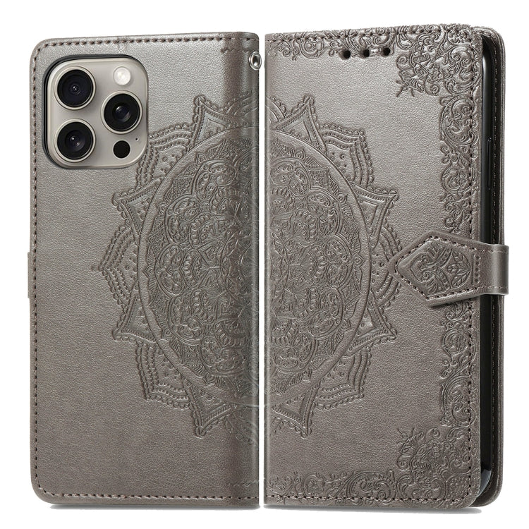 For iPhone 16 Plus Mandala Flower Embossed Leather Phone Case(Gray) - iPhone 16 Plus Cases by buy2fix | Online Shopping UK | buy2fix