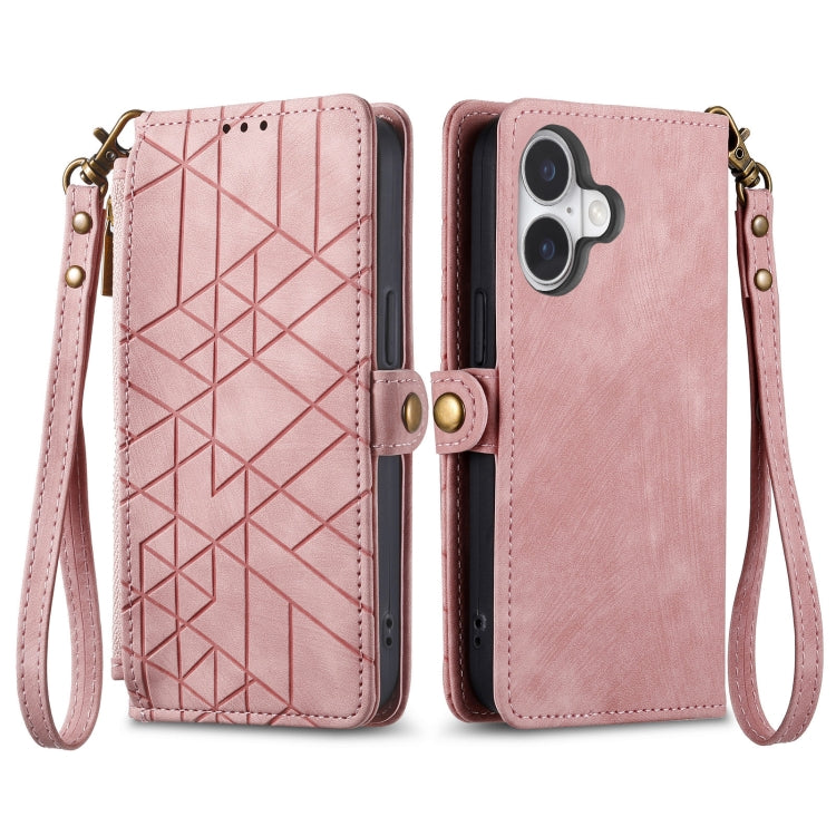 For iPhone 16 Plus Geometric Zipper Wallet Side Buckle Leather Phone Case(Pink) - iPhone 16 Plus Cases by buy2fix | Online Shopping UK | buy2fix