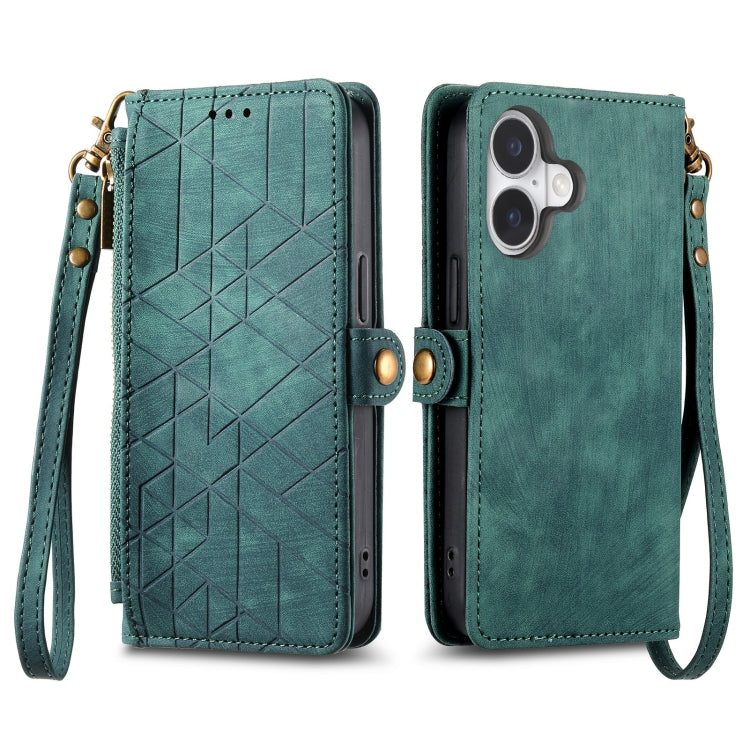 For iPhone 16 Plus Geometric Zipper Wallet Side Buckle Leather Phone Case(Green) - iPhone 16 Plus Cases by buy2fix | Online Shopping UK | buy2fix