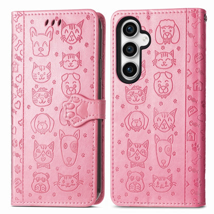 For Samsung Galaxy S23 FE 5G Cat and Dog Embossed Leather Phone Case(Pink) - Galaxy S23 FE 5G Cases by buy2fix | Online Shopping UK | buy2fix