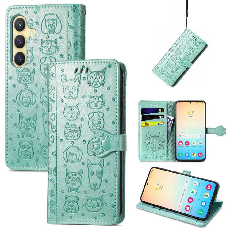 For Samsung Galaxy S25 Ultra 5G Cat and Dog Embossed Leather Phone Case(Green) - Galaxy S25 Ultra 5G Cases by buy2fix | Online Shopping UK | buy2fix