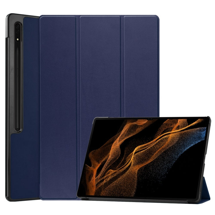 For Samsung Galaxy Tab S9 Ultra JUNSUNMAY Custer Solid Color 3-Fold Stand Leather Smart Tablet Case(Dark Blue) - Galaxy Tab S9 Ultra Cases by JUNSUNMAY | Online Shopping UK | buy2fix