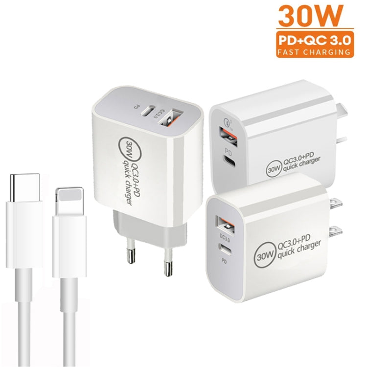 PD30W USB-C / Type-C + QC3.0 USB Dual Port Charger with 1m Type-C to 8 Pin Data Cable, US Plug - USB Charger by buy2fix | Online Shopping UK | buy2fix