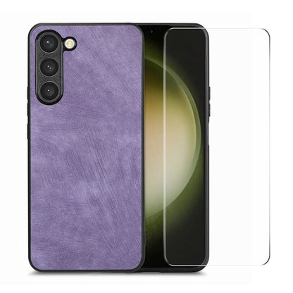 For Samsung Galaxy S23+ 5G ENKAY Retro Leather Skin PC Phone Case with 0.18mm Glass Film(Purple) - Galaxy S23+ 5G Cases by ENKAY | Online Shopping UK | buy2fix