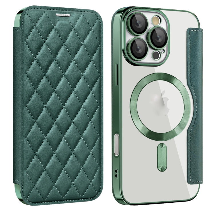 For iPhone 16 Pro Max Shield Magsafe RFID Anti-theft Rhombus Leather Phone Case(Green) - iPhone 16 Pro Max Cases by buy2fix | Online Shopping UK | buy2fix