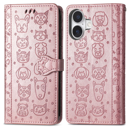 For iPhone 16 Cat and Dog Embossed Leather Phone Case(Rose Gold) - iPhone 16 Cases by buy2fix | Online Shopping UK | buy2fix