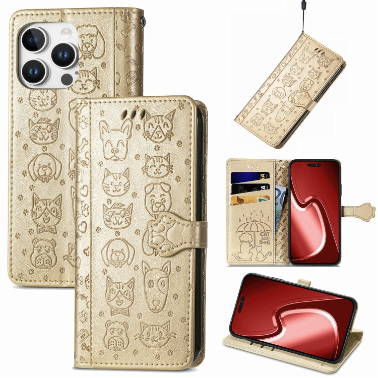 For iPhone 16 Pro Cat and Dog Embossed Leather Phone Case(Gold) - iPhone 16 Pro Cases by buy2fix | Online Shopping UK | buy2fix