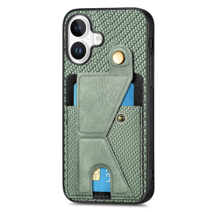 For iPhone 16 Carbon Fiber Wallet Flip Card K-shaped Holder Phone Case(Green) - iPhone 16 Cases by buy2fix | Online Shopping UK | buy2fix