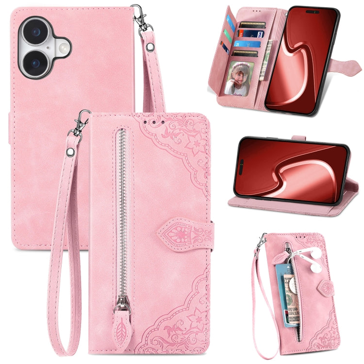 For iPhone 16 Embossed Flower Zipper Leather Phone Case(Pink) - iPhone 16 Cases by buy2fix | Online Shopping UK | buy2fix