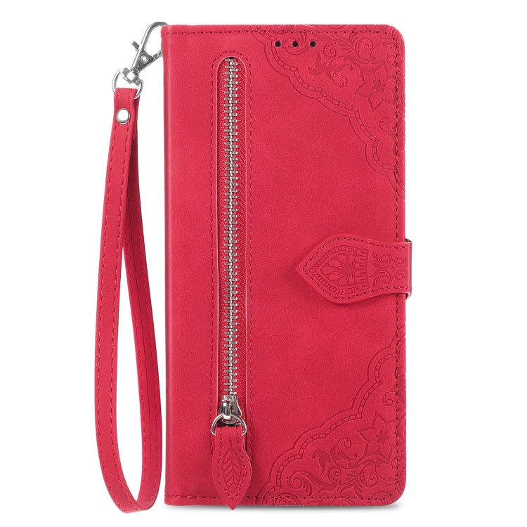 For iPhone 16 Embossed Flower Zipper Leather Phone Case(Red) - iPhone 16 Cases by buy2fix | Online Shopping UK | buy2fix