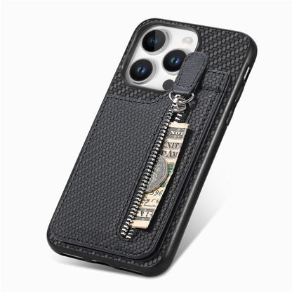 For iPhone 16 Pro Carbon Fiber Vertical Flip Zipper Phone Case(Black) - iPhone 16 Pro Cases by buy2fix | Online Shopping UK | buy2fix