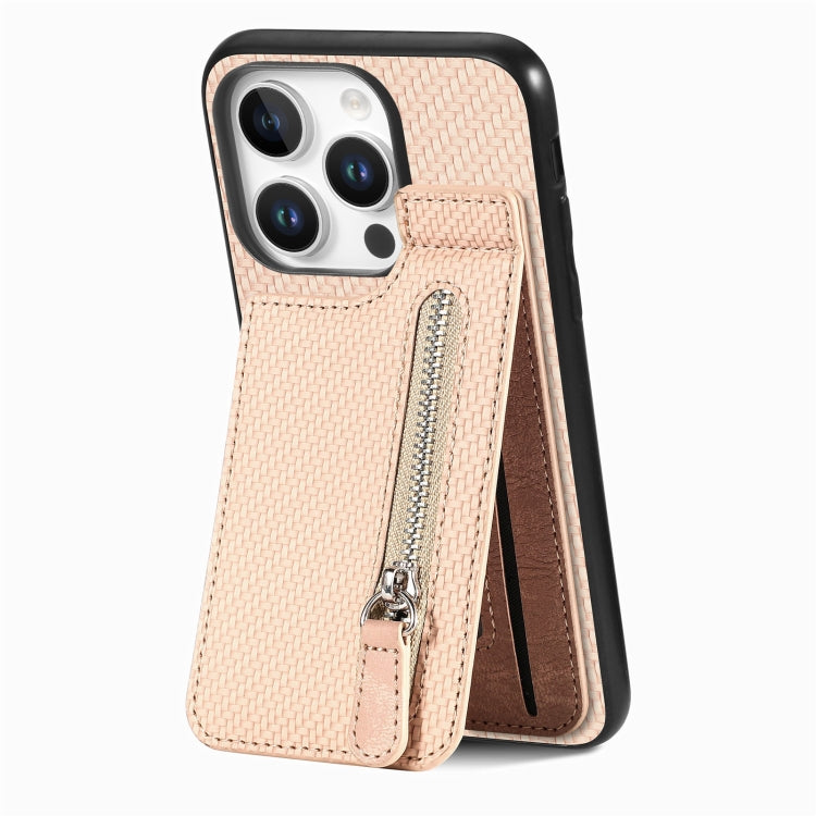 For iPhone 16 Pro Carbon Fiber Vertical Flip Zipper Phone Case(Khaki) - iPhone 16 Pro Cases by buy2fix | Online Shopping UK | buy2fix