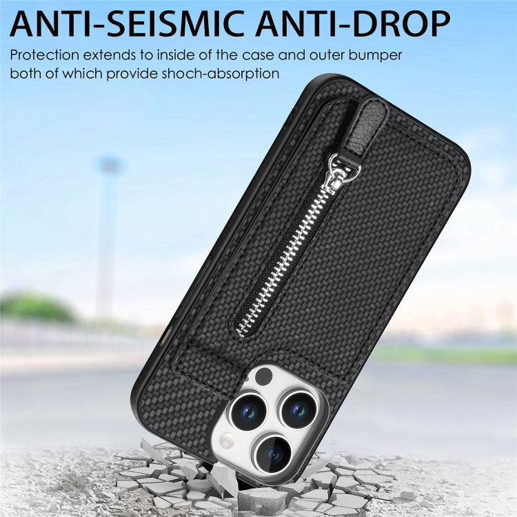 For  iPhone 16 Pro Max Carbon Fiber Vertical Flip Zipper Phone Case(Black) - iPhone 16 Pro Max Cases by buy2fix | Online Shopping UK | buy2fix