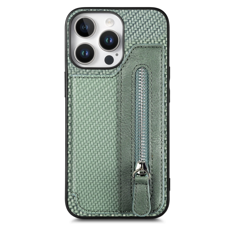 For iPhone 16 Pro Max Carbon Fiber Horizontal Flip Zipper Wallet Phone Case(Green) - iPhone 16 Pro Max Cases by buy2fix | Online Shopping UK | buy2fix