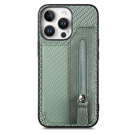 For iPhone 16 Pro Max Carbon Fiber Horizontal Flip Zipper Wallet Phone Case(Green) - iPhone 16 Pro Max Cases by buy2fix | Online Shopping UK | buy2fix