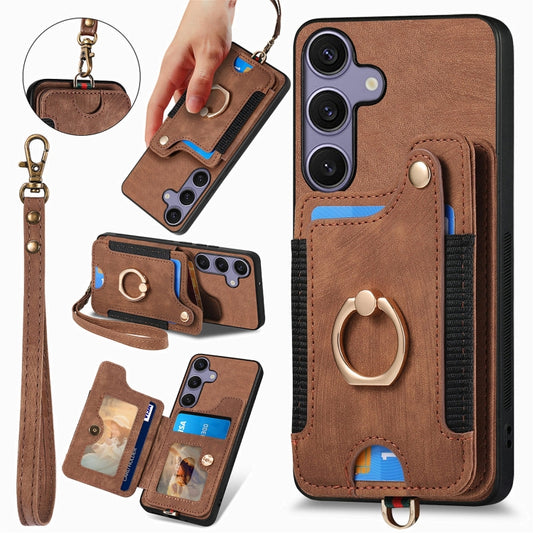 For Samsung Galaxy S25 5G Retro Skin-feel Ring Multi-card Wallet Phone Case(Brown) - Galaxy S25 5G Cases by buy2fix | Online Shopping UK | buy2fix