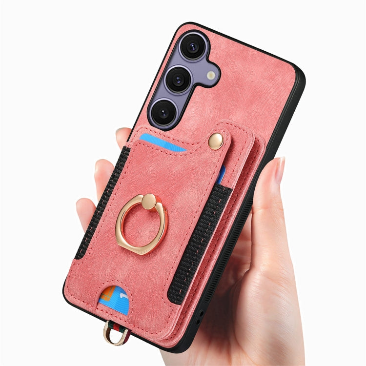 For Samsung Galaxy S25+ 5G Retro Skin-feel Ring Multi-card Wallet Phone Case(Pink) - Galaxy S25+ 5G Cases by buy2fix | Online Shopping UK | buy2fix