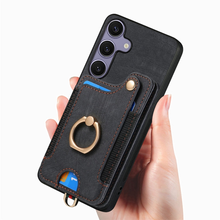 For Samsung Galaxy S25+ 5G Retro Skin-feel Ring Multi-card Wallet Phone Case(Black) - Galaxy S25+ 5G Cases by buy2fix | Online Shopping UK | buy2fix