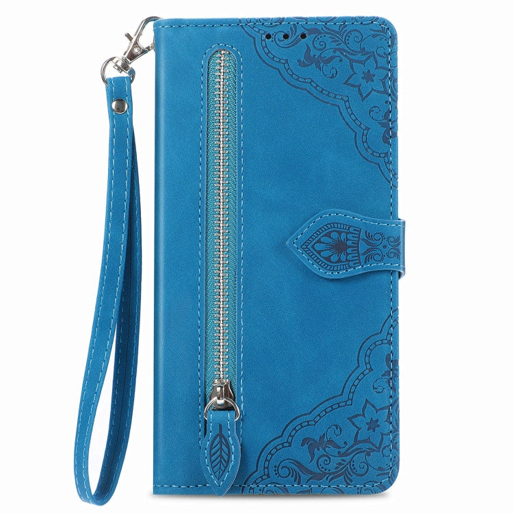 For Xiaomi  14 Ultra Embossed Flower Zipper Leather Phone Case(Blue) - 14 Ultra Cases by buy2fix | Online Shopping UK | buy2fix