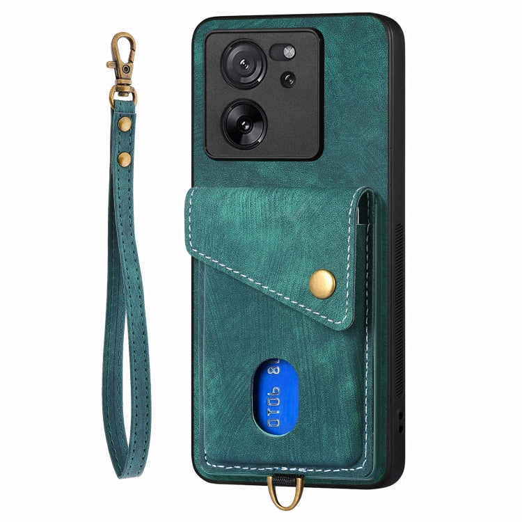 For Xiaomi 13T / 13T Pro Retro Card Wallet Fold Leather Phone Case with Strap(Green) - Xiaomi Cases by buy2fix | Online Shopping UK | buy2fix