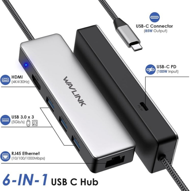 WAVLINK UHP3413 6 in 1 4K Thunderbolt 3 Type-C Devices Hub Adapter USB-C Docking Station - USB HUB by WAVLINK | Online Shopping UK | buy2fix