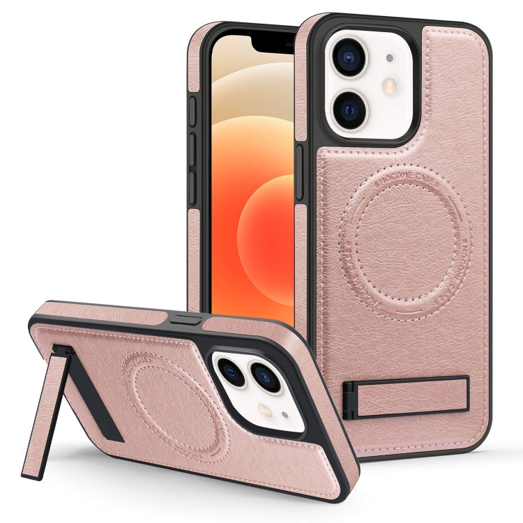 For iPhone 12 / 12 Pro Multi-function Holder MagSafe PU Phone Case(Rose Gold) - iPhone 12 / 12 Pro Cases by buy2fix | Online Shopping UK | buy2fix